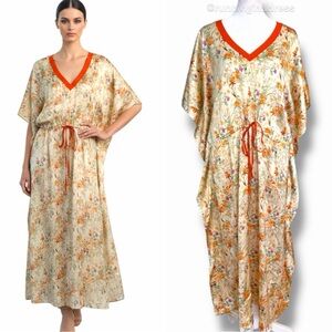 Vintage 70s Floral Tangerine Orange Satin Kaftan Boho Maxi Loungewear XS-XL O/S